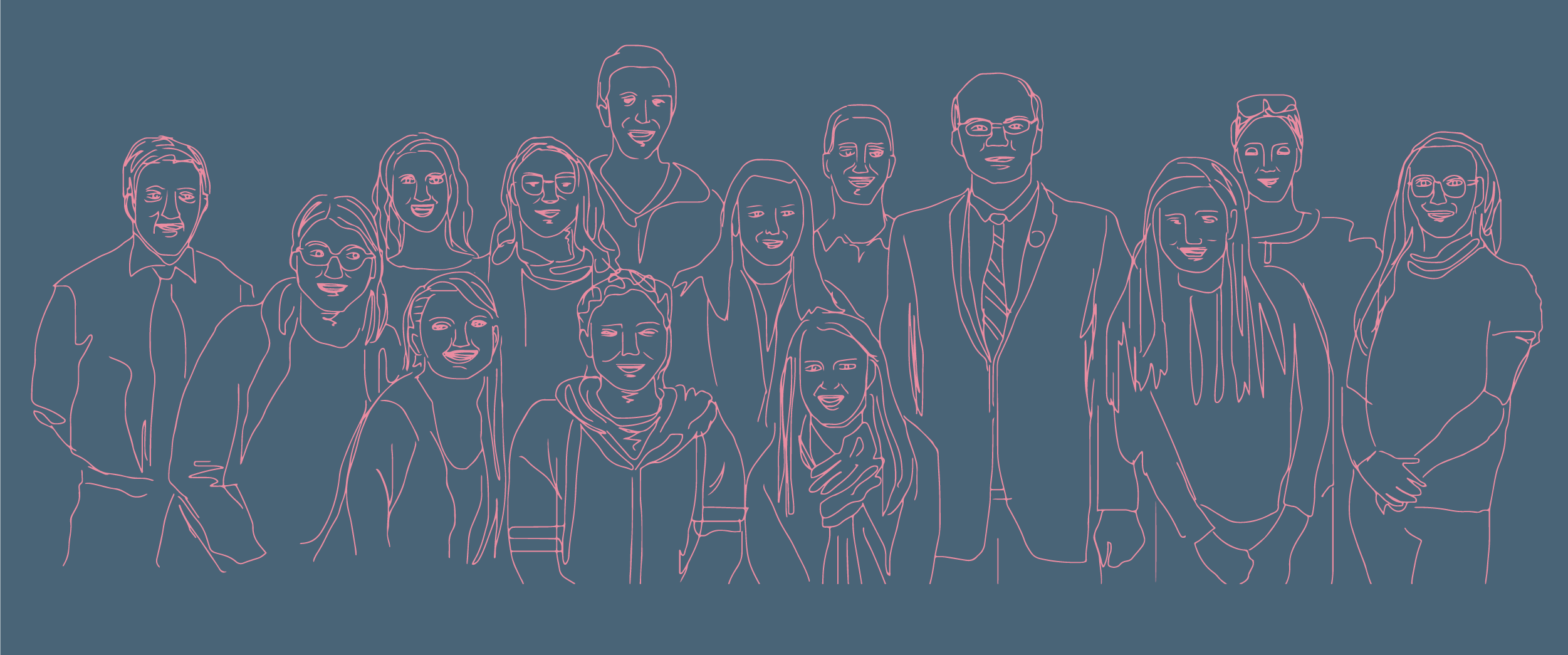 A line drawing of FFPAC members posing with Jerry Mande, Dariush Mozaffarian, and State Rep. Jim McGovern